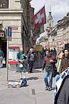 A bagpipe busker in Bern